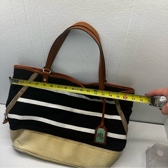 Lauren Ralph Lauren Black White Striped Canvas Tote Bag, Tan Base, Leather Trim - Picture 9 of 13